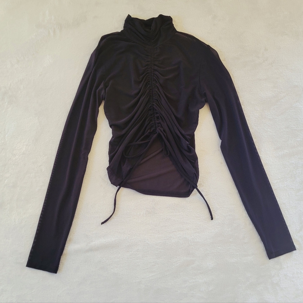Mesh Whimsigoth Black Long Sleeve Ruched Front Top Medium Sheer